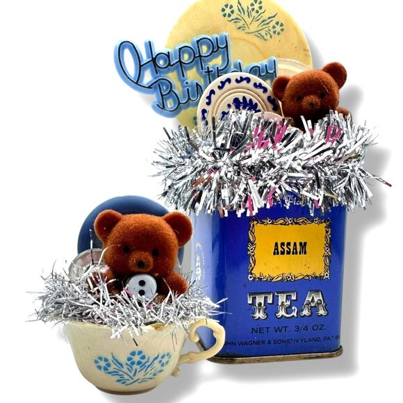 Other - Birthday Assemblage Decor - tea tin with pyrex & teddy bear vintage kitsch